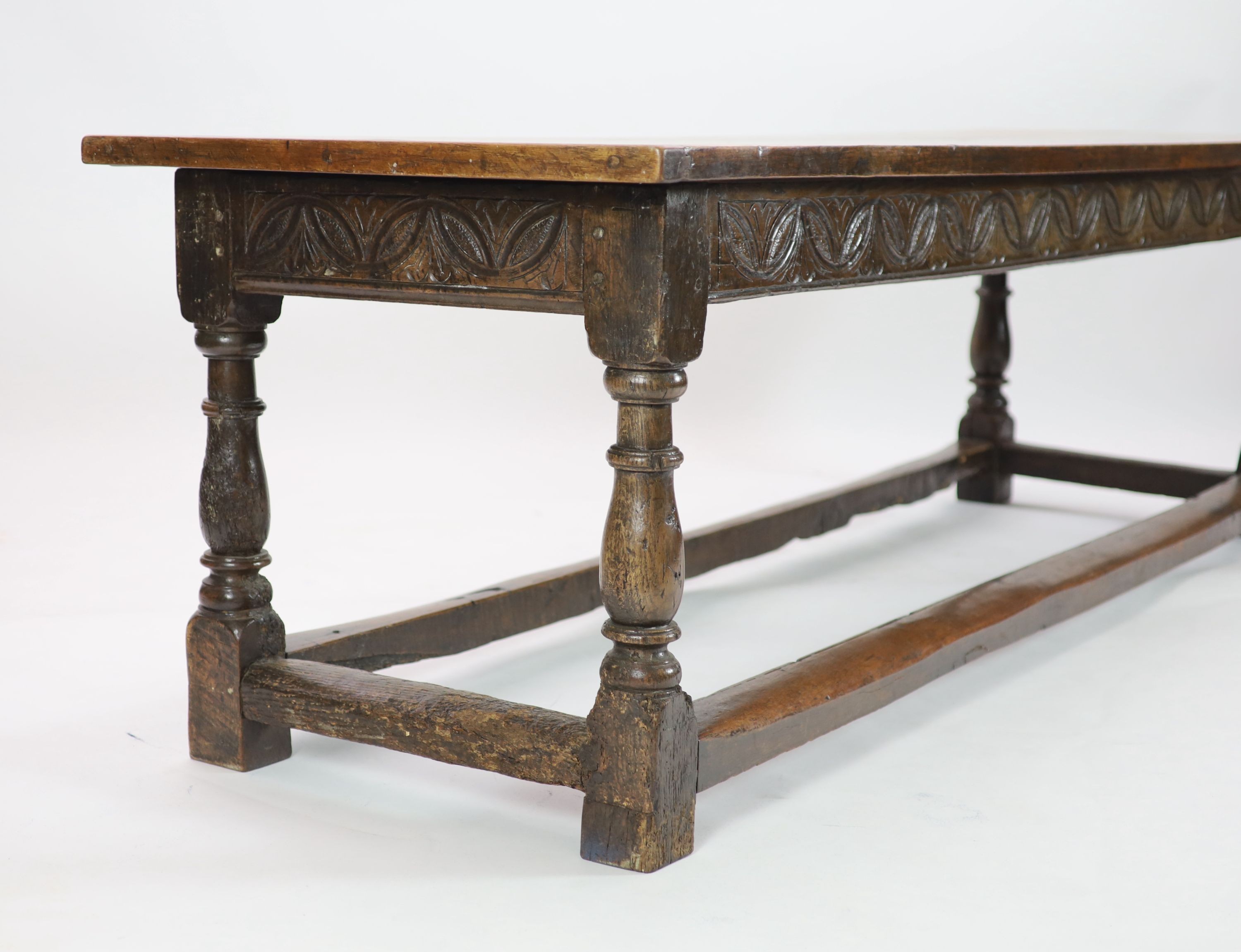 A William III oak refectory table, circa 1690, W.250cm D.76cm H.74cm